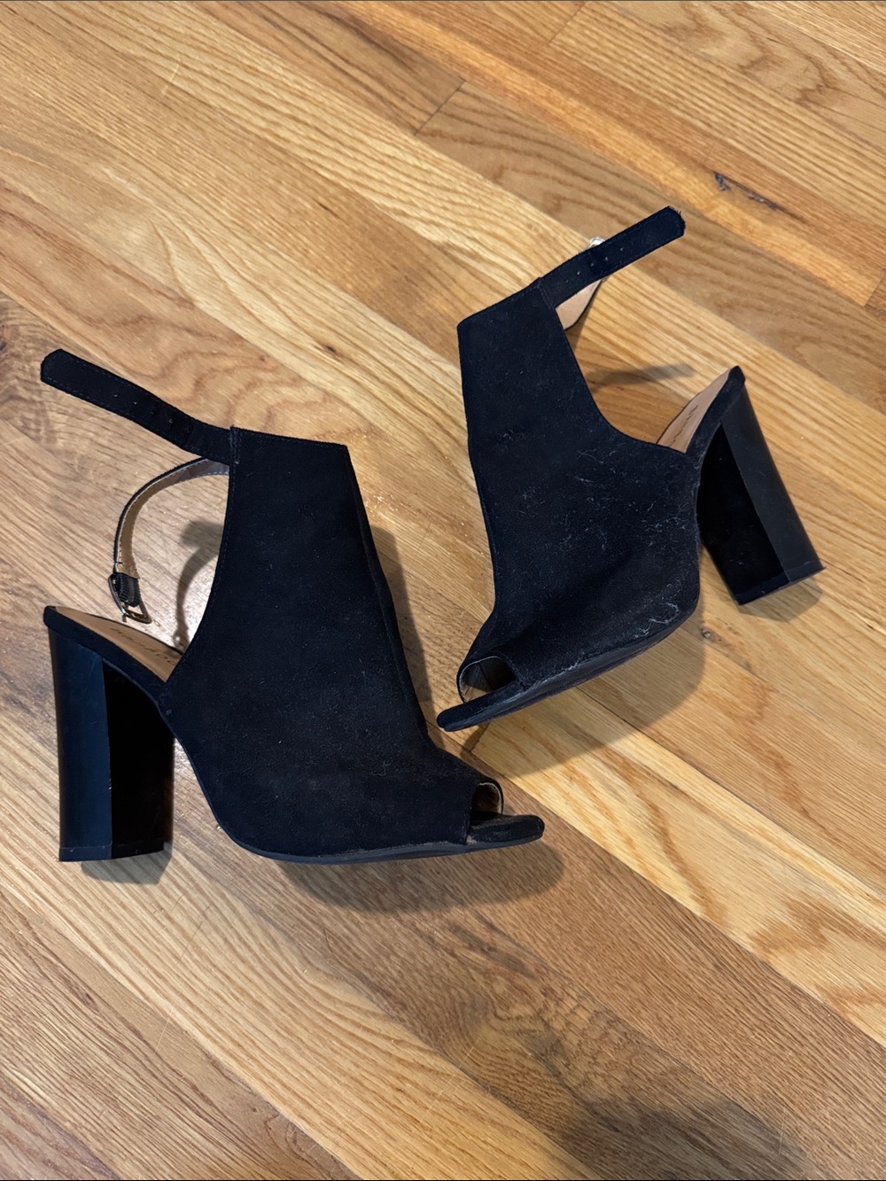 Black Suede Open-Toe Block Heel Slingback Women’s Shoes